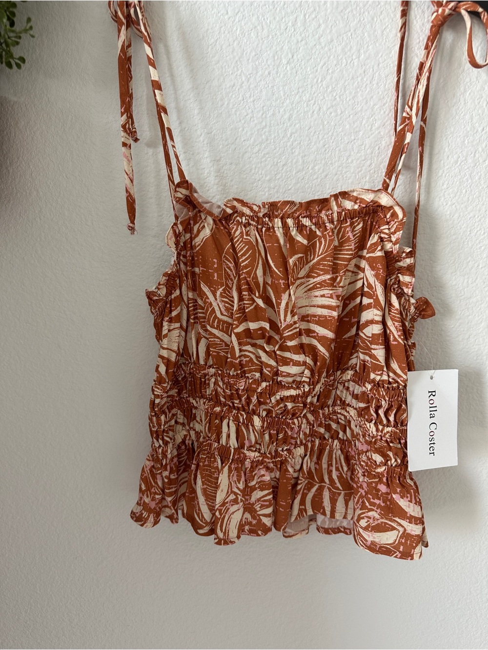 Rust and Cream Leaf-Print Tie-Strap Camisole